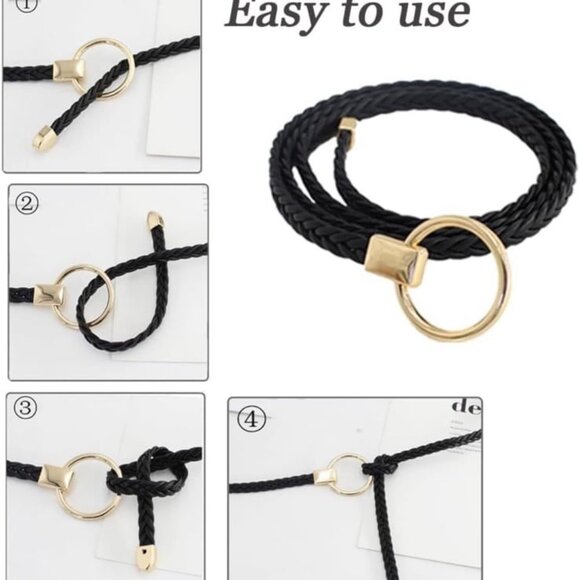 PU Leather Red Braided Skinny Tie Belt - Picture 3 of 4